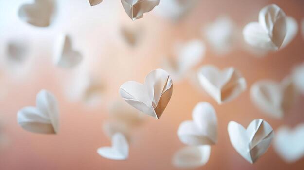 Abstract image of white paper hearts floating in the air against a soft pink background, with a warm, glowy light effect. photo