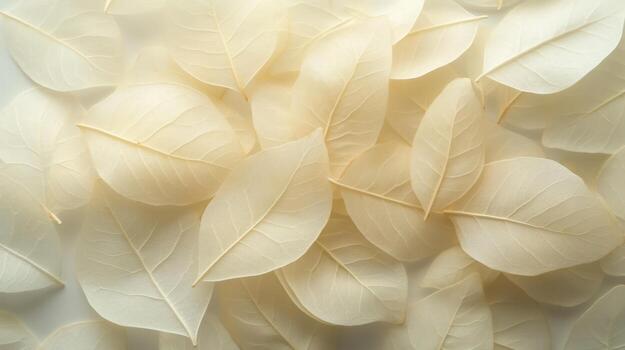 A closeup image of a collection of light beige leaves against a white background. The leaves are arranged in a random, overlapping pattern. photo