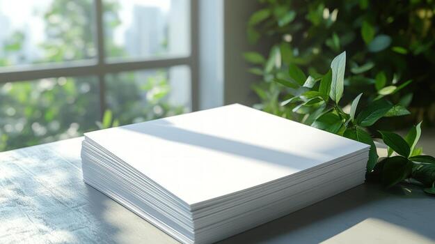 Stack of blank paper cards on a table in front of a window with green plants. photo