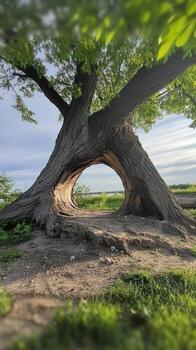 A large, ancient tree with a hole in its trunk, creating a natural archway The sky and a glimpse of a river can be seen through the opening photo