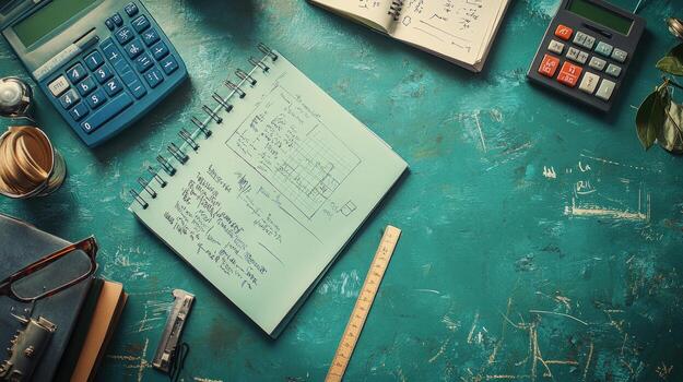 gastos generales ver de un espacio de trabajo con un bloc, calculadora, gobernante, anteojos, y un taza de café foto