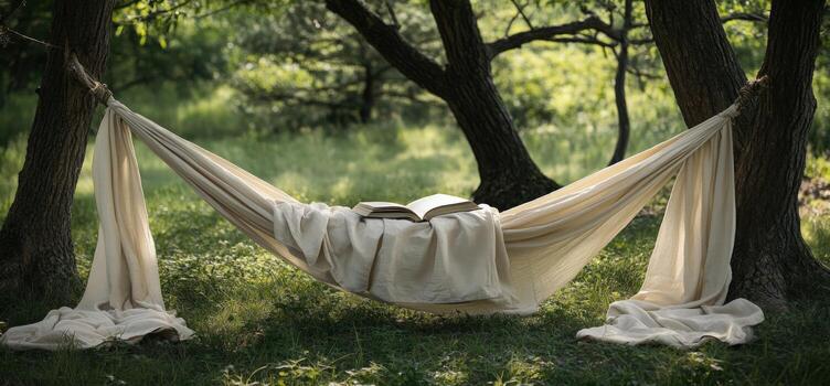 A hammock strung between two trees in a forest with an open book in the middle. photo