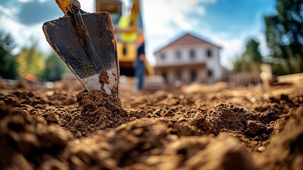Closeup of excavator digging dirt at construction site with blurred background. photo