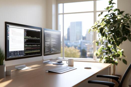 Bright modern office workspace with two computer monitors displaying code, keyboard, mouse, and city view. photo