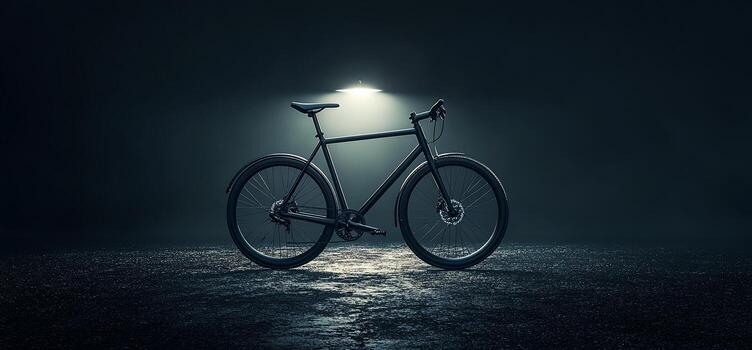 Sleek black bicycle in dark setting, illuminated by a single light source photo