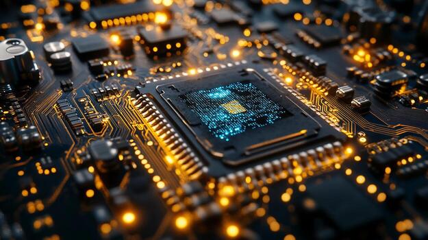 Closeup of a computer processor with glowing circuits. photo