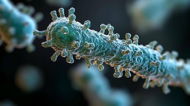 Microscopic view of a virus, showing its detailed structure and surface proteins. photo