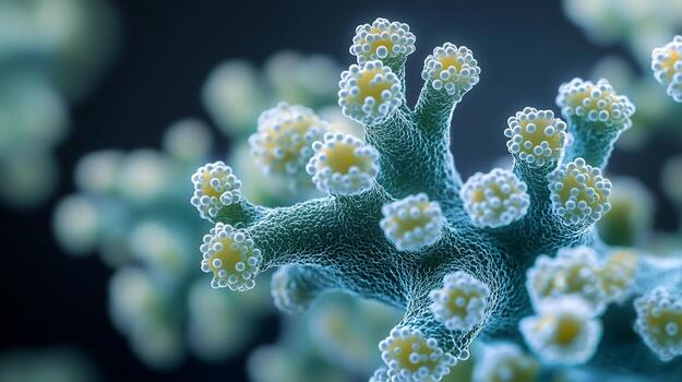 Microscopic view of complex, branching structure with spherical nodes. photo