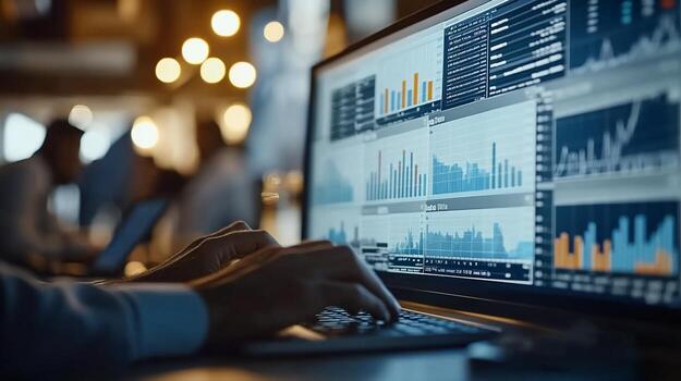 Person analyzing data on a laptop computer screen showing graphs and charts. photo