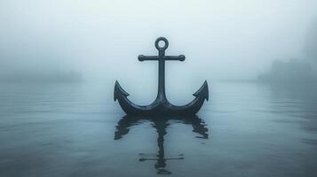 A large anchor floats in calm, misty water, reflecting its shape. photo