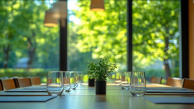 A table with empty glasses and a plant in front of a window photo