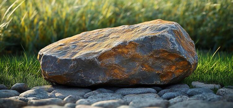 Large grey boulder with orange patches rests on smaller stones, nestled in green grass with a blurred field background. photo