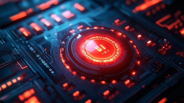 Futuristic interface with glowing red and blue elements, displaying a digital countdown timer. photo