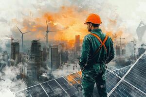 Engineer overlooking cityscape with renewable energy sources. photo