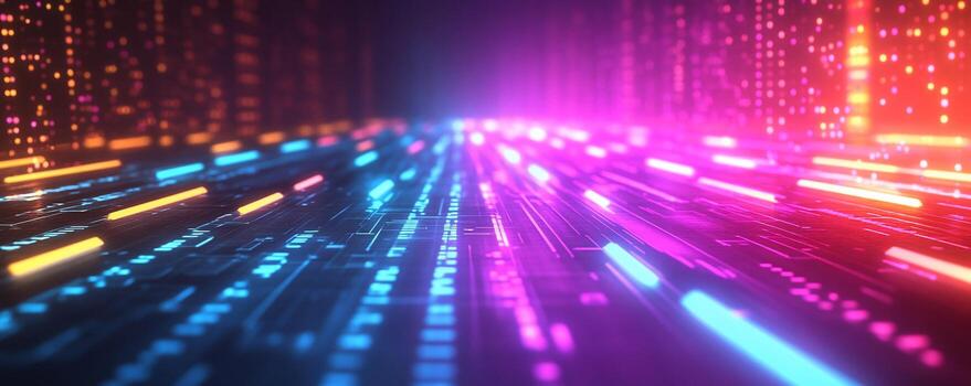 resumen digital autopista con brillante neón líneas y datos arroyos foto