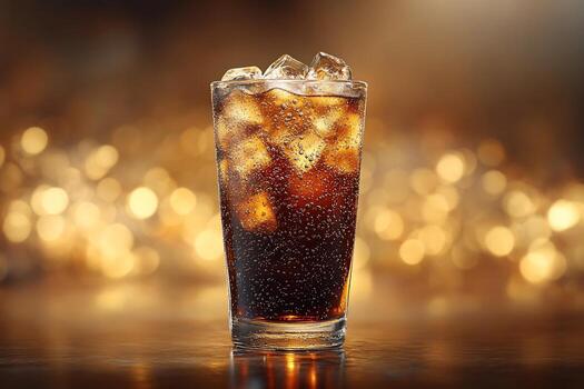 Iced cola drink in a tall glass with ice cubes, on a dark surface with bokeh lights background. photo