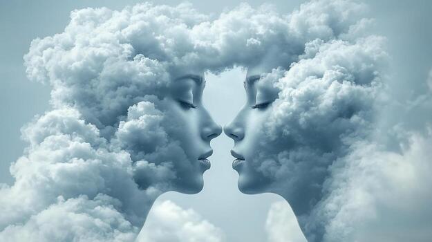 Two ethereal female faces merge, forming a heart shape from clouds, symbolizing connection and unity. photo
