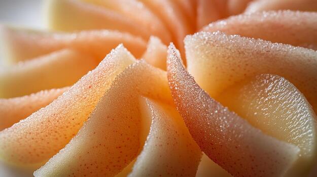 Closeup of thinly sliced peaches arranged in a circular pattern, showcasing their texture and color variations. photo
