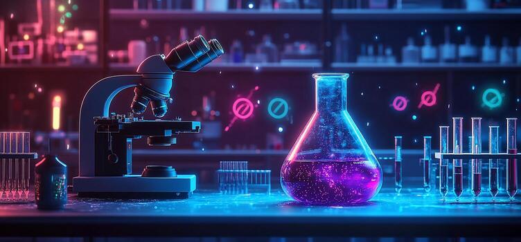 Neonlit lab scene with microscope, flask, and test tubes. photo