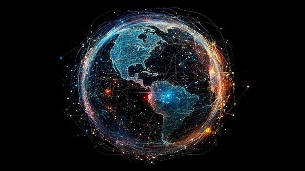 Global network connections visualized as glowing lines and nodes around a 3D Earth model. photo