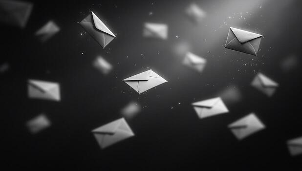 Abstract grayscale image of numerous envelopes floating in dark space. photo