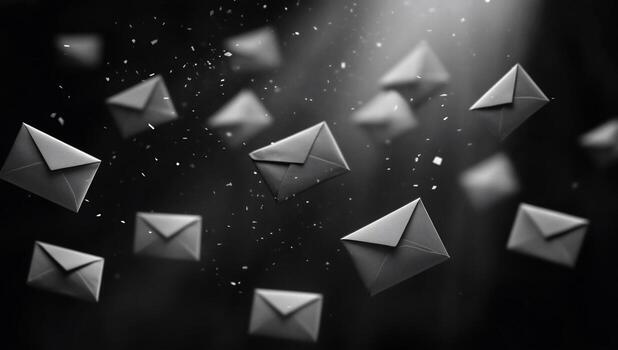 Abstract grayscale image of numerous envelopes floating in dark space, suggesting digital communication or email overload. photo
