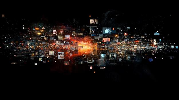 Abstract digital data stream, exploding information, glowing images, cosmic media. photo