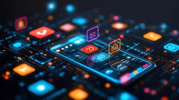 Smartphone displaying various app icons and digital network. photo