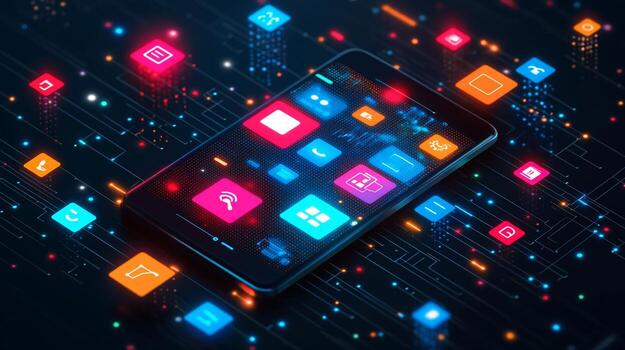 Smartphone displaying numerous apps, surrounded by digital data streams and glowing circuit board. photo