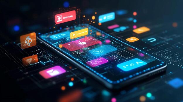 Smartphone displaying numerous colorful app icons and digital interface elements. photo