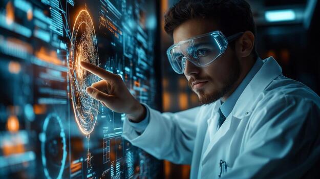 Scientist interacts with holographic display, analyzing data. photo