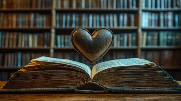 Open book with floating heart and bookshelf background photo