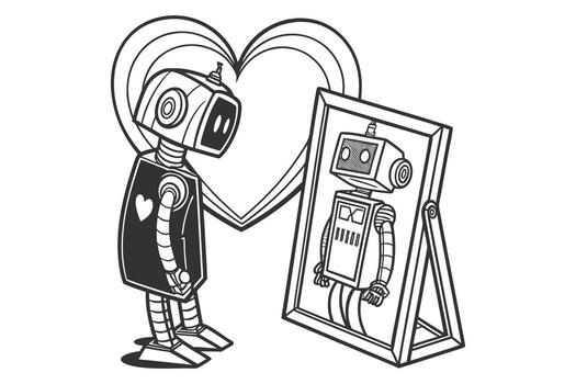 A robot looking at himself in a mirror vector