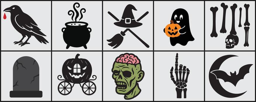 A grid of various Halloween-themed images presented in a distinctive silhouette style, featuring spooky and iconic elements. vector