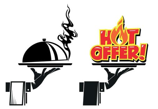 Waiter hand holding cloche serving plate with hot offer vector