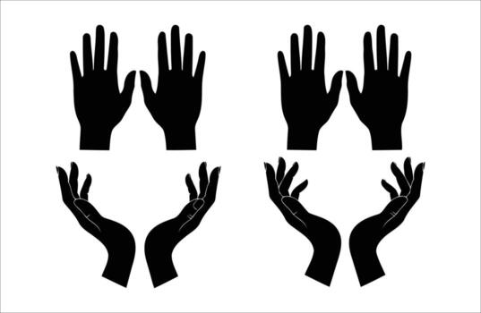 Four black silhouette hands open palms and cupped gestures simple graphic design vector