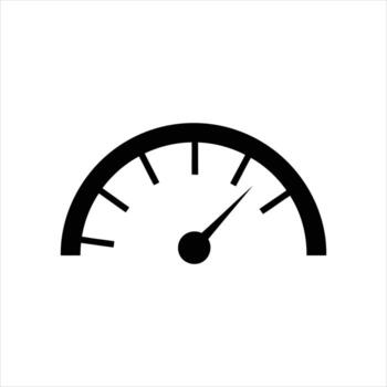 Black silhouette speedometer dial with needle indicating low speed and performance vector
