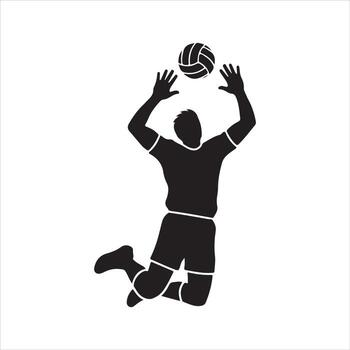 a male volleyball player in mid-air, reaching up to hit a volleyball. The figure should be dynamic, showing the player in a powerful jump, vector