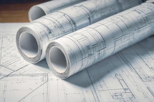 Detailed architectural blueprint small roll featuring precise technical project drawing. Concept of the part of architectural project photo
