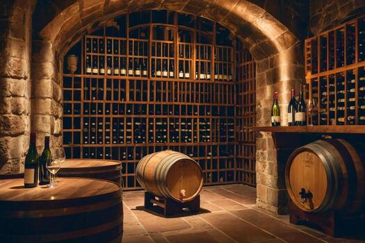 Old wine cellar with wine barrels, table and old bottles for wine tasting photo