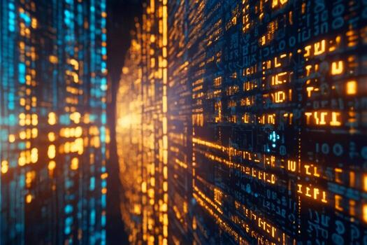 Digital blue interface with pixelated data stream, binary code, and encryption concept with glowing dots photo