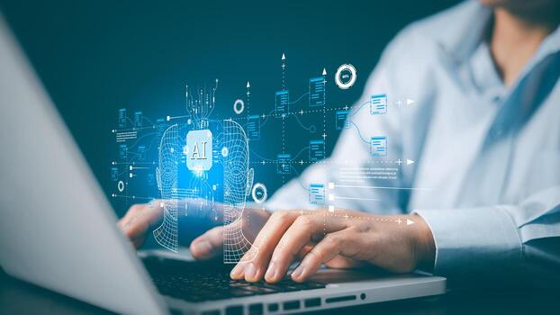 Virtual Intelligence, Ai documents search concept. Online documentation database and document management system. cyber security, digital transformation, finance, document file management, AI chip. photo