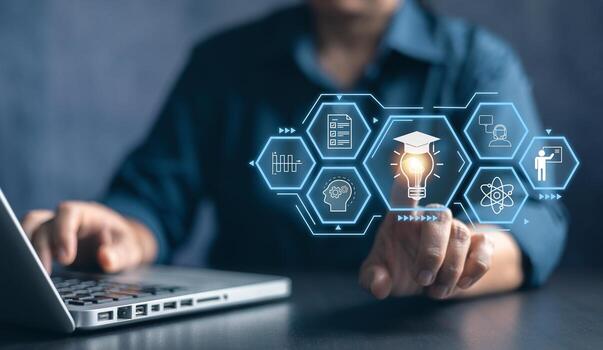 E learning technology concept. AI and machine learning enhance personalised learning. Technology course, teaching, business training. e-learning, online education, education, internet learning. photo