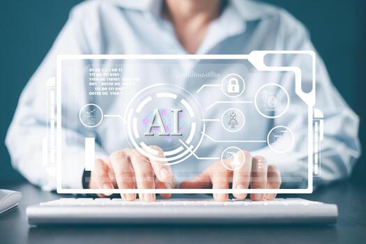 AI with digital brain, predictive analytics, data analysis. Electronic mind. AI, Artificial intelligence innovation. AI adoption and operational support. Neuronet, deep machine learning concept. photo