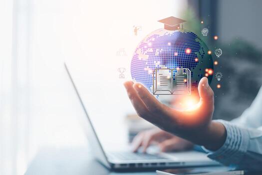 Futuristic internet communication concept. tutorial, internet lessons, internet lessons and online webinar. Online lessons on a digital screen. Education internet Technology. photo