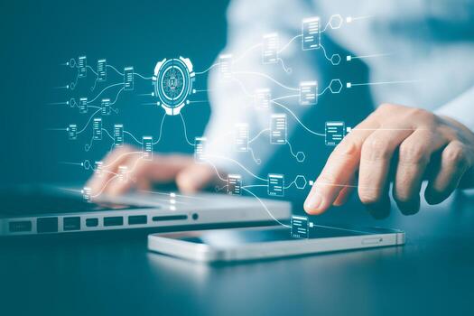 Online documentation database and document management system. Virtual Intelligence, Ai documents search concept. cyber security, digital transformation, finance, document file management, AI chip. photo