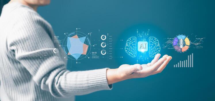 AI, Artificial Intelligence concept. data business analysis and data management system with KPI and metrics connected to the database for technology finance, operations, sales, marketing. photo