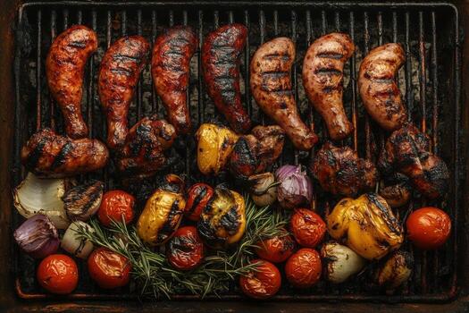 Grilled meat and vegetables on a grill photo
