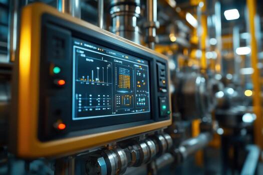 A monitor is shown in front of a large industrial machine photo