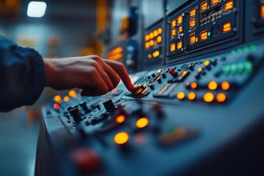 A person is touching the control panel of an industrial control system photo